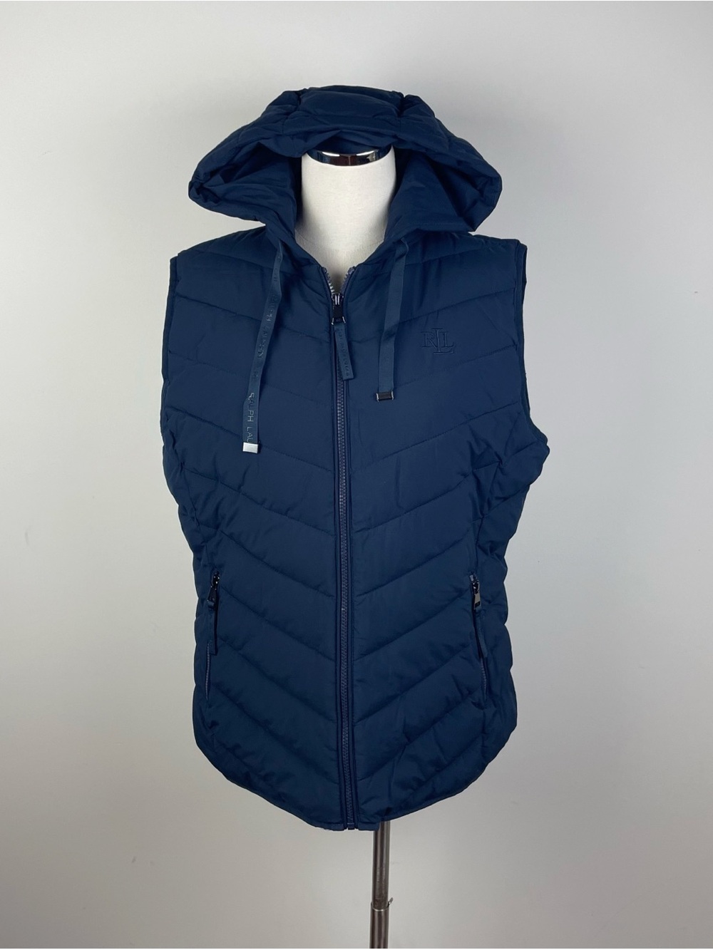 Lauren Ralph Lauren Navy Blue Hooded Full Zip Quilted Puffer Vest Women Large